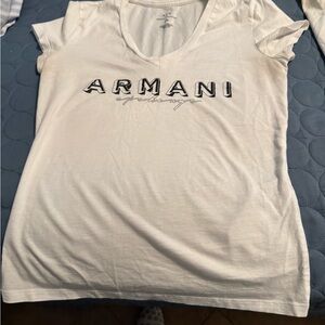 Armani Exchange White V-Neck Logo Tee with Black Trim